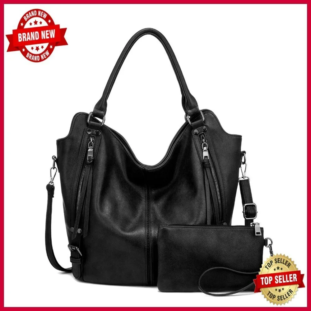 Large PU Leather Hobo Tote with Adjustable Strap, Multiple Pockets